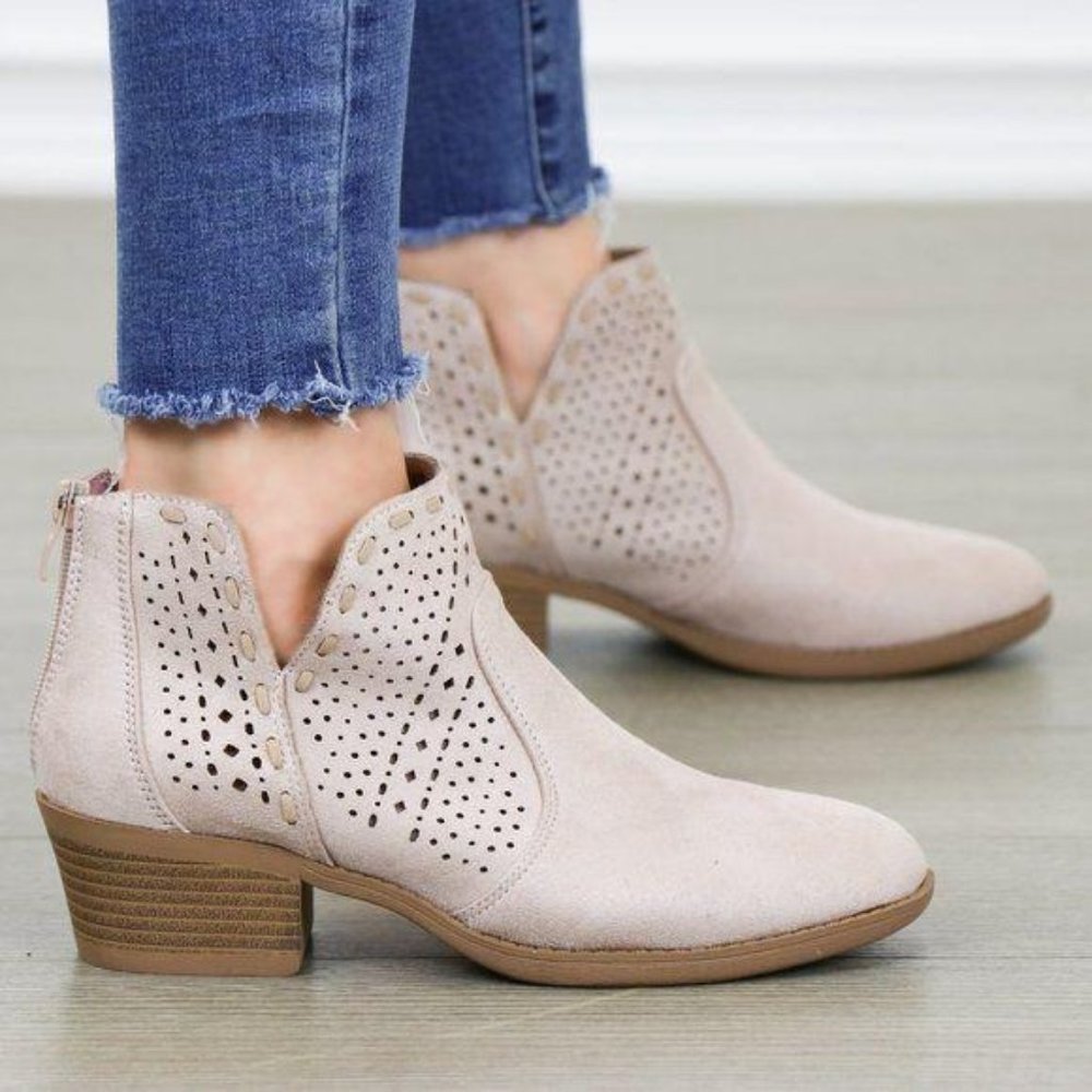 Dusty Rose Perforated Cut Suede Ankle Booties - Picture 4 of 7